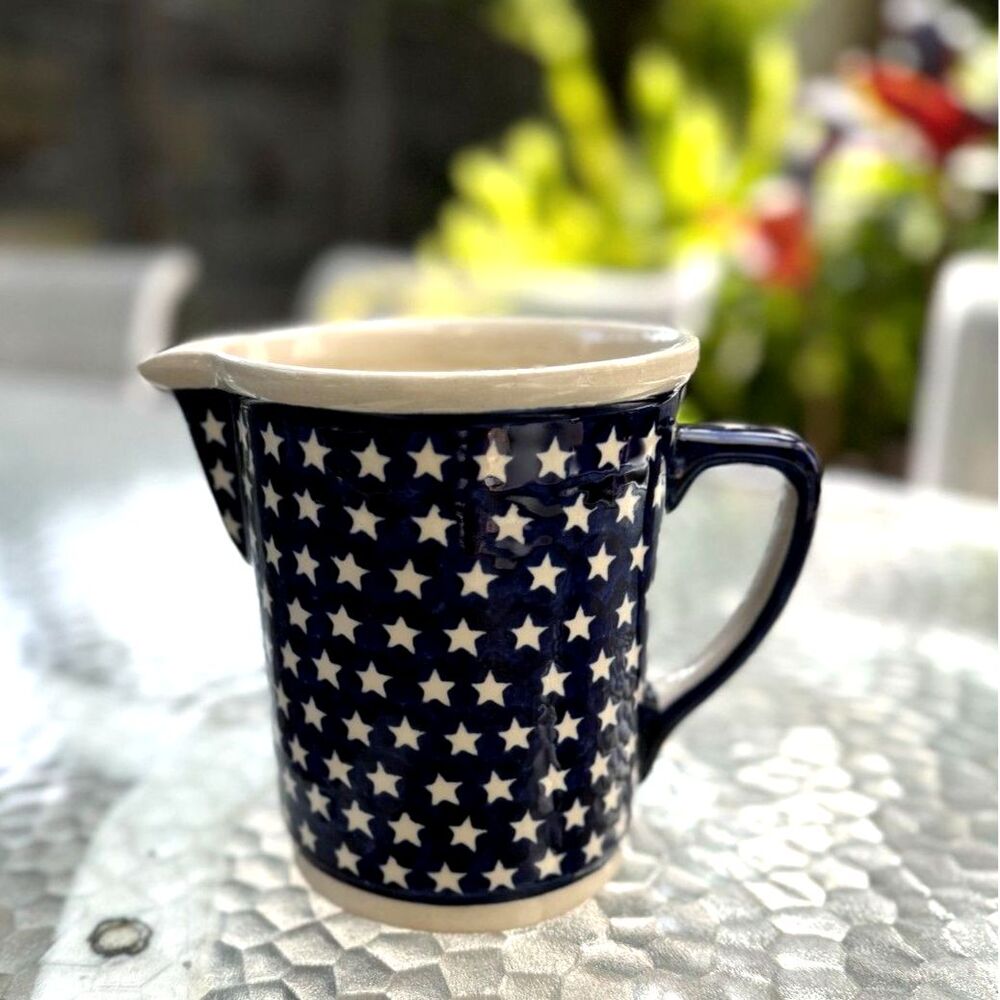 VTG Boleslawiec Polish Pottery Navy & White Starlight Stoneware Pitcher Size 6"